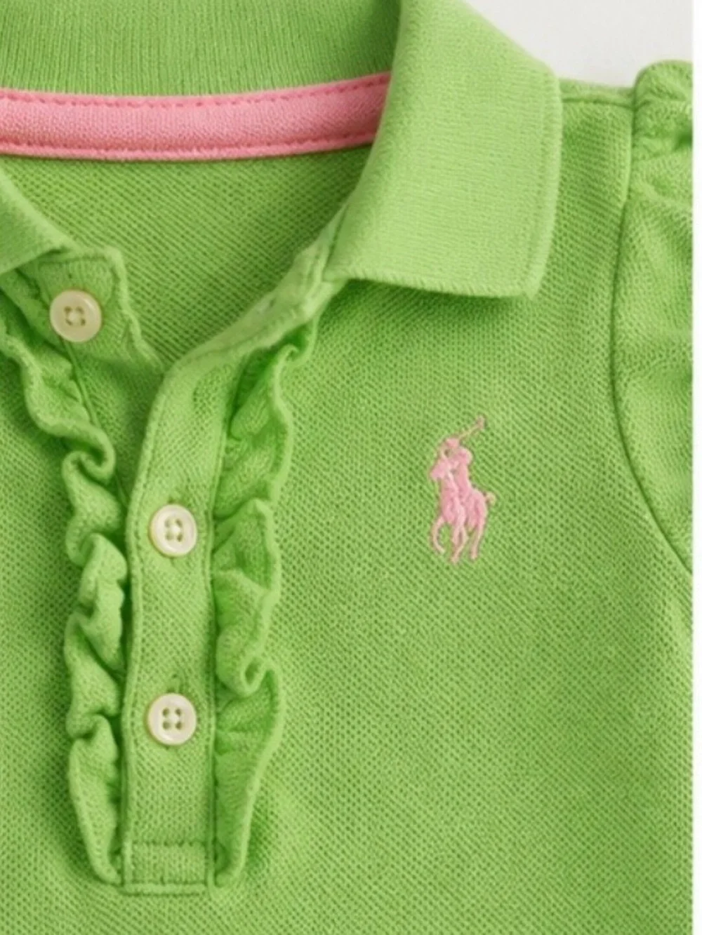 Ralph Lauren Girls Spring Green Ruffle Polo Bodysuit Pink Pony 🩷💚 9M MSRP $49